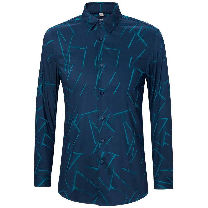 才子男装长袖衬衫男秋季新品创意几何印衬衫潮流舒适商务休闲长袖衬衣男