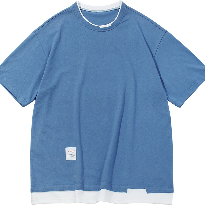 奥朗奴(AOLANGNU)2020夏季新款假两件短袖T恤男士纯色圆领宽松港风体恤衫男装