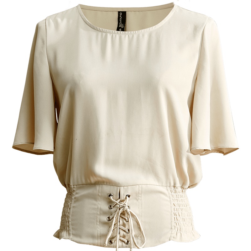 欧昵雪 蝴蝶结绑带束腰遮肚子雪纺衫女短袖宽松短款雪纺T恤上衣夏X