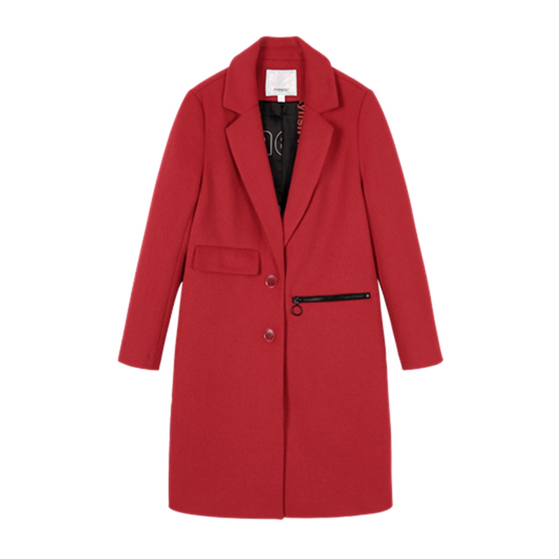 马克华菲女装毛呢大衣2019春新款中长款贴布单排扣毛呢外套