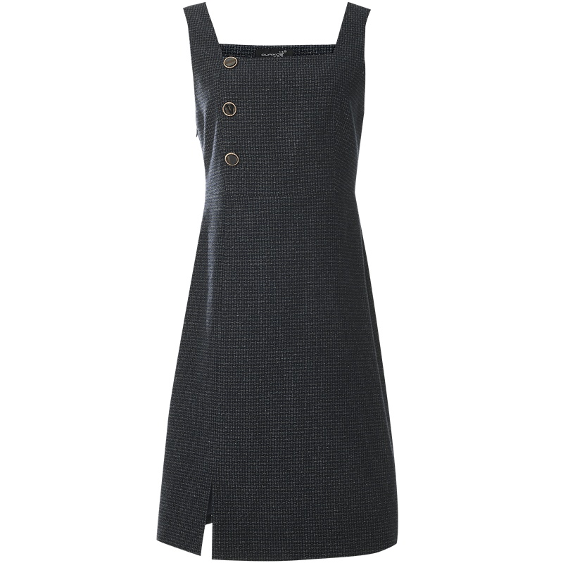 欧昵雪冬装复古方领开叉格子呢子背带连衣裙女无袖毛呢裙