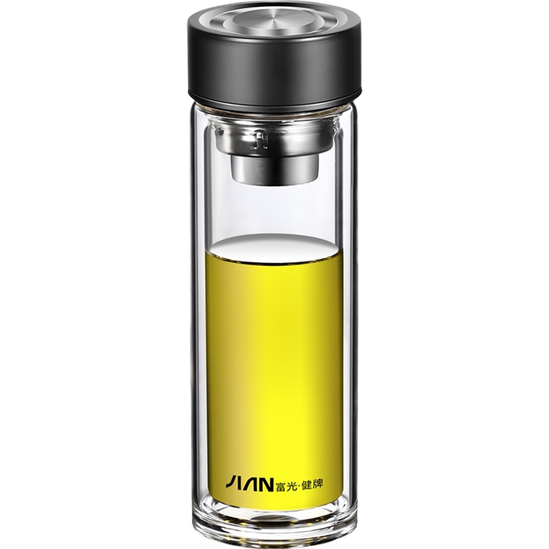 富光(FGA)双层玻璃杯男女加厚商务透明喝茶杯子过滤办公室泡茶水杯 黑色300ml(钢盖+加厚底)(送杯套+杯刷)