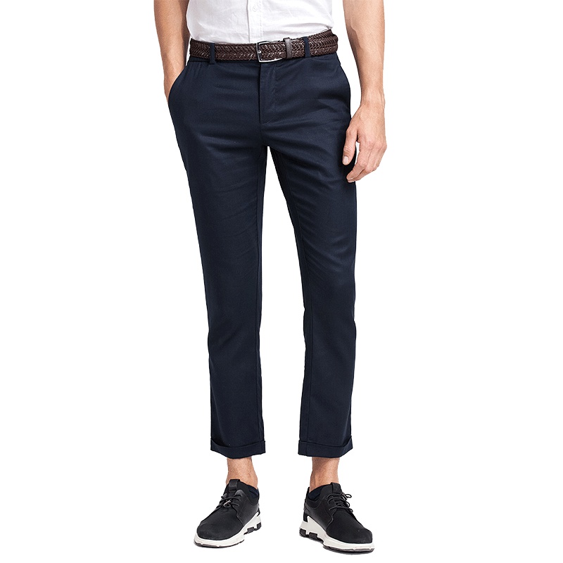 摩登时尚翻折裤脚天丝微弹男士修身版九分裤