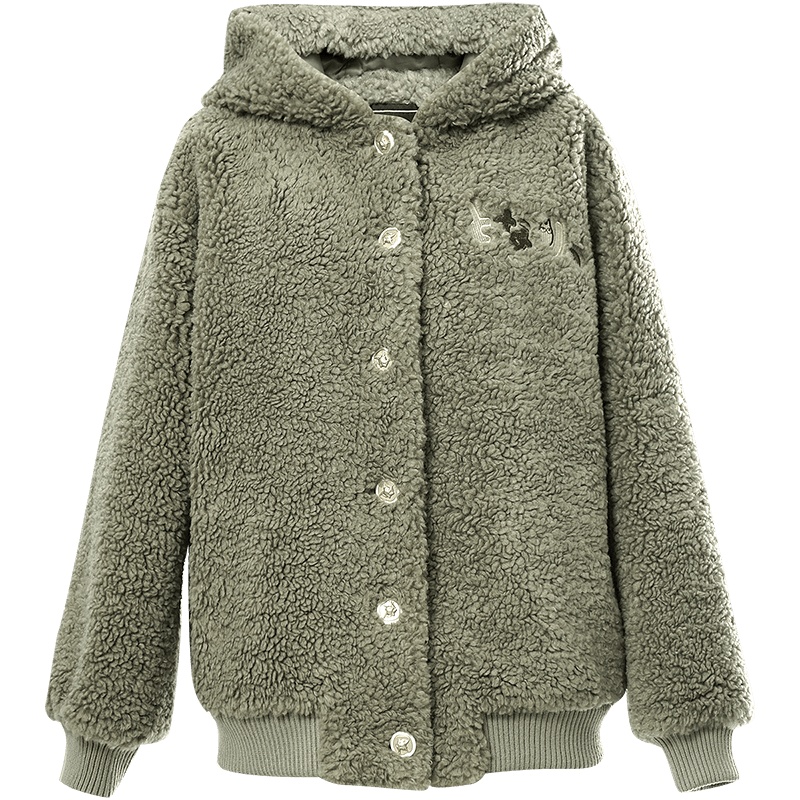 OUNIXUE欧昵雪 | [保暖绣花羊羔毛大衣]冬季慵懒风休闲连帽棉袄宽松女士外套