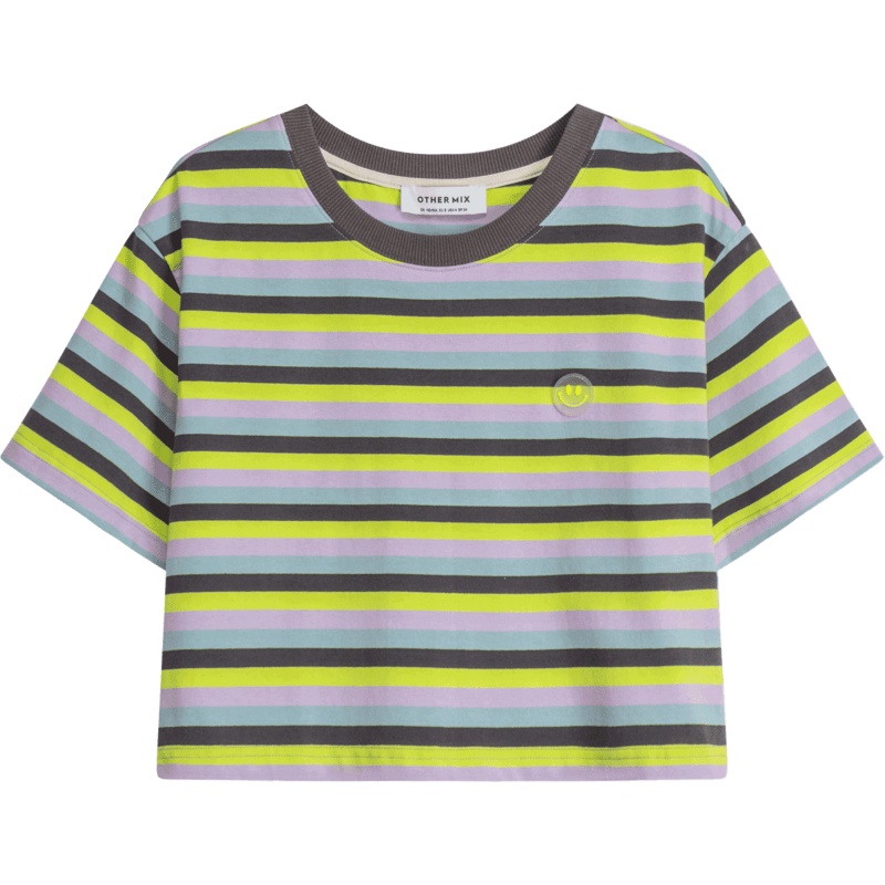 OtherMix小笑脸T恤2021年夏季新款短袖撞色条纹宽松韩版短上衣女