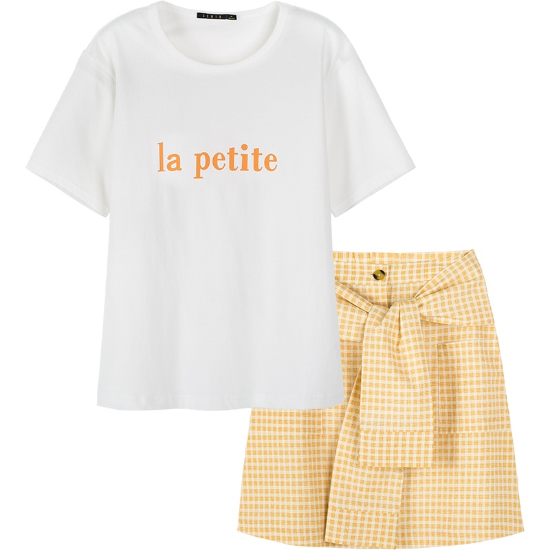 Semir森马套装女2019夏季新款短袖T恤格纹绑带裙子两件套少女亚麻a字裙