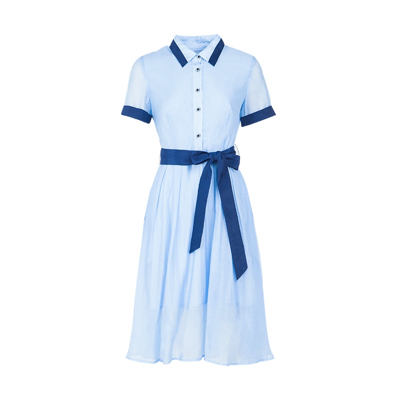 晚白新款修身收腰系带翻领短袖A字简约时尚衬衫连衣裙女