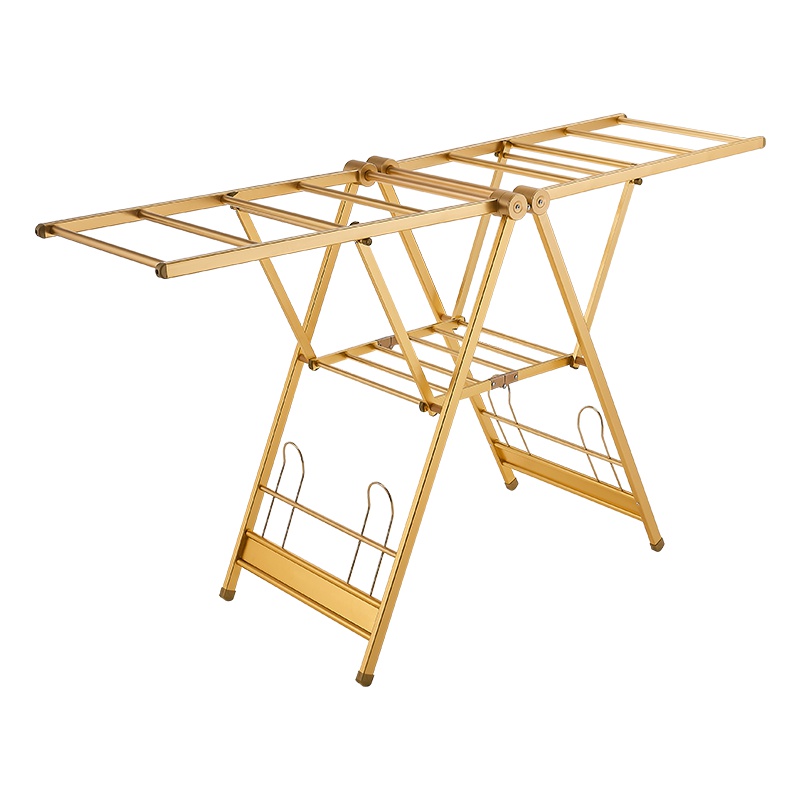 卡贝晾衣架落地折叠室内家用晒衣架阳台晾衣杆简易婴儿晾衣晒被架 金色1.5米带加固板