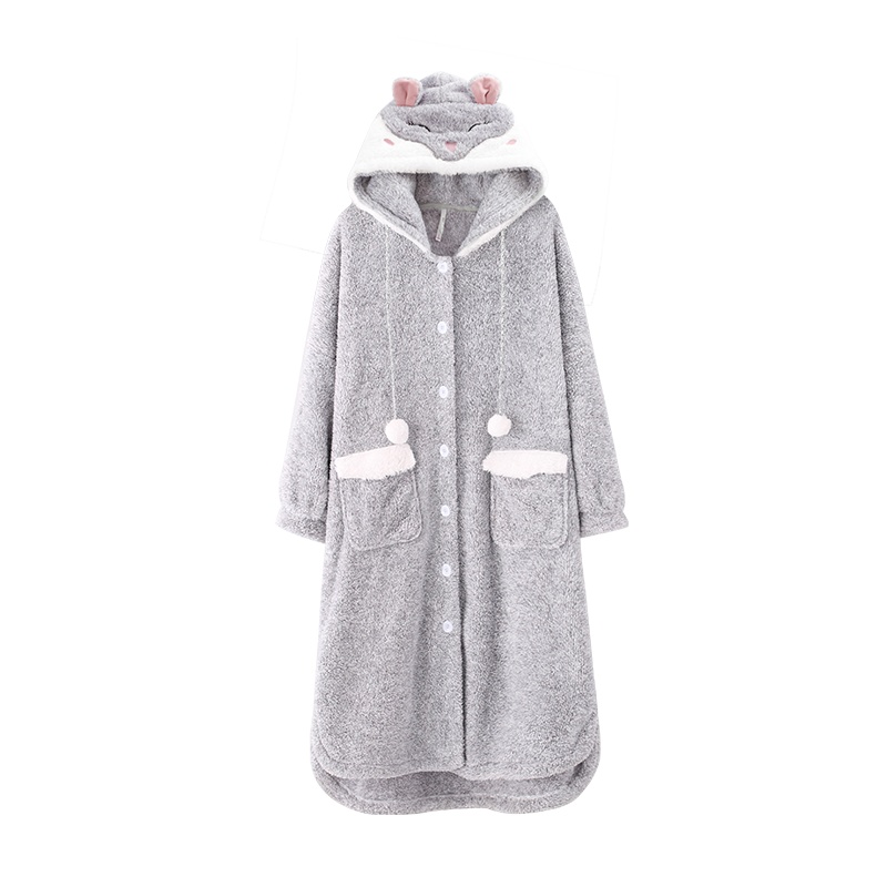 安之伴睡袍女秋冬加厚珊瑚绒长款睡衣女长毛绒卡通可爱连帽家居服