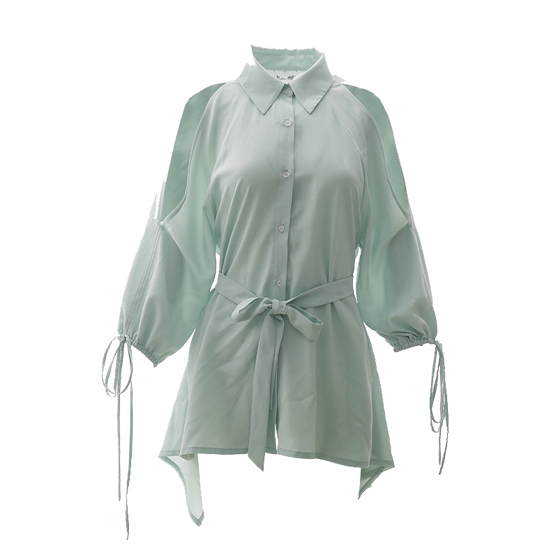 心机衬衫设计感超仙女露背长袖雪纺衫洋气性感系带上衣