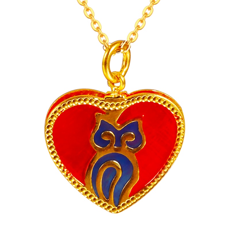 黄金码头5G足金999高温空窗珐琅猫头鹰心形吊坠女送爱人女儿首饰