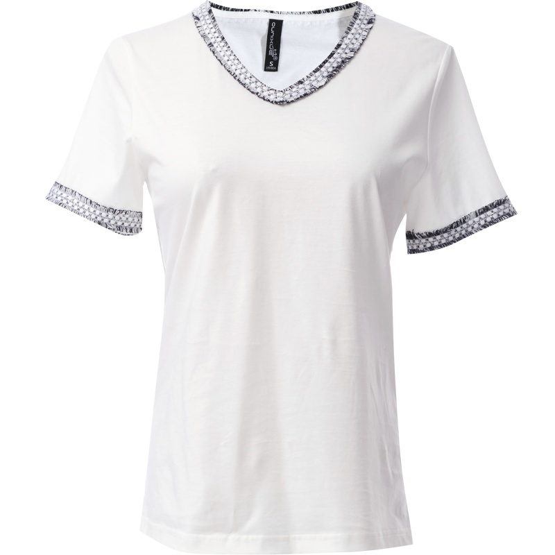 欧昵雪小香风织带拼接短袖V领纯棉T恤女休闲白色上衣