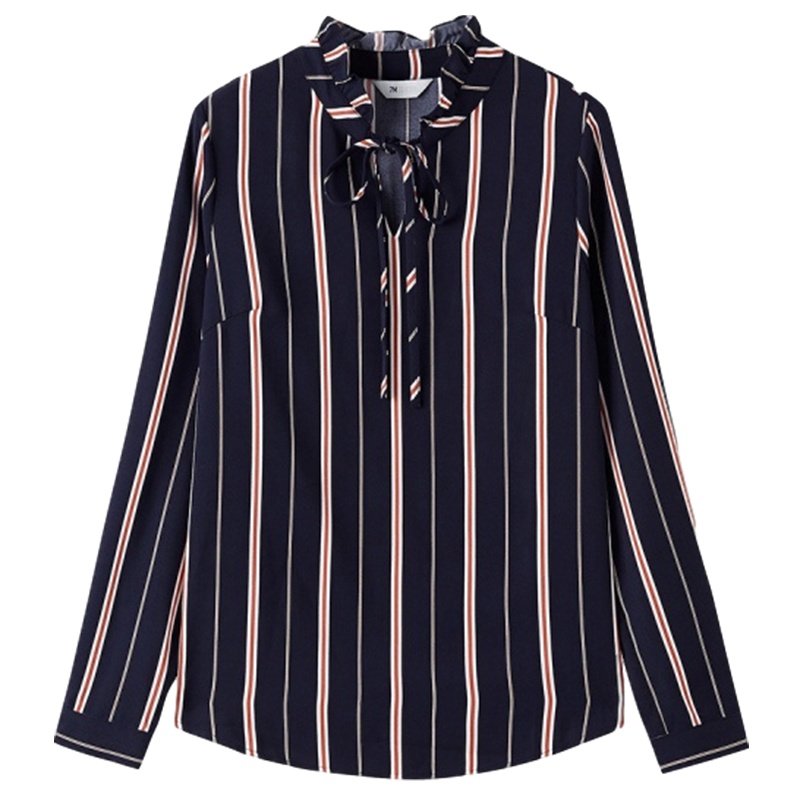拉夏贝尔冬装条纹长袖女系带装饰上衣宽松显瘦气质衬衣潮衬衫