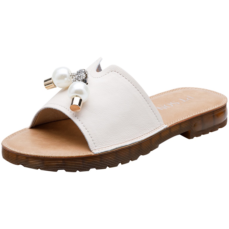 百田森2021夏季新款甜美水钻珍珠饰花拖鞋女平底牛皮休闲女拖鞋女