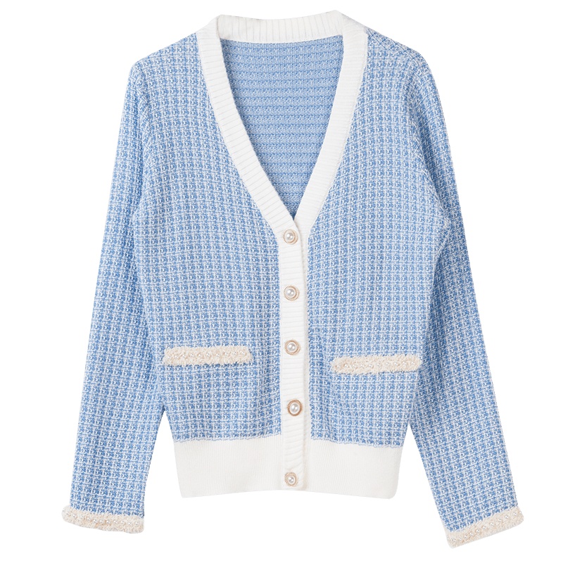 晚白2020春季新品通勤百搭简约V领单排扣小香风针织衫开衫外套女