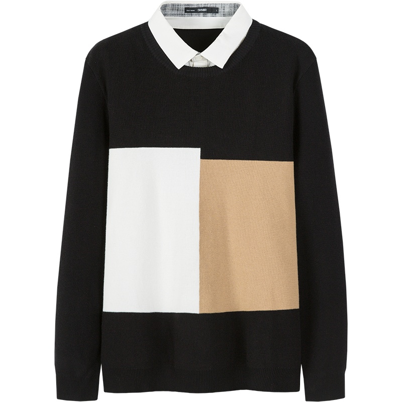 森马毛衣男新款时尚假两件翻领撞色毛衫个性拼接学生针织衫上衣潮