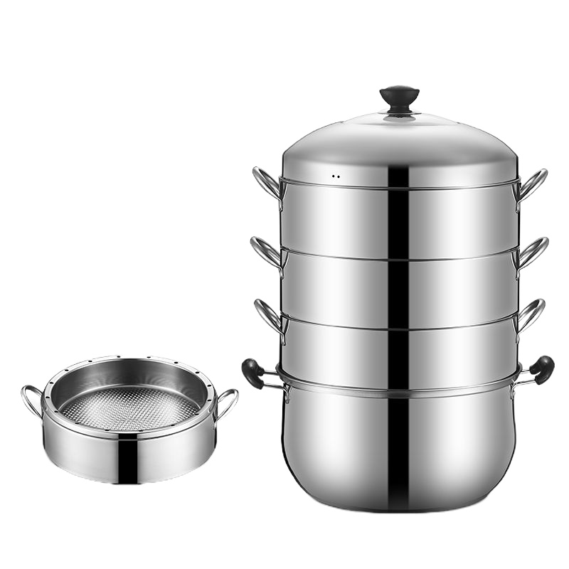 【新年特卖】节能原味蒸锅不锈钢家用无孔蒸锅二三四层不串味蒸饭锅蒸米实心锅吉祥鹤 四层（1底锅+3蒸格） 特厚款28cm