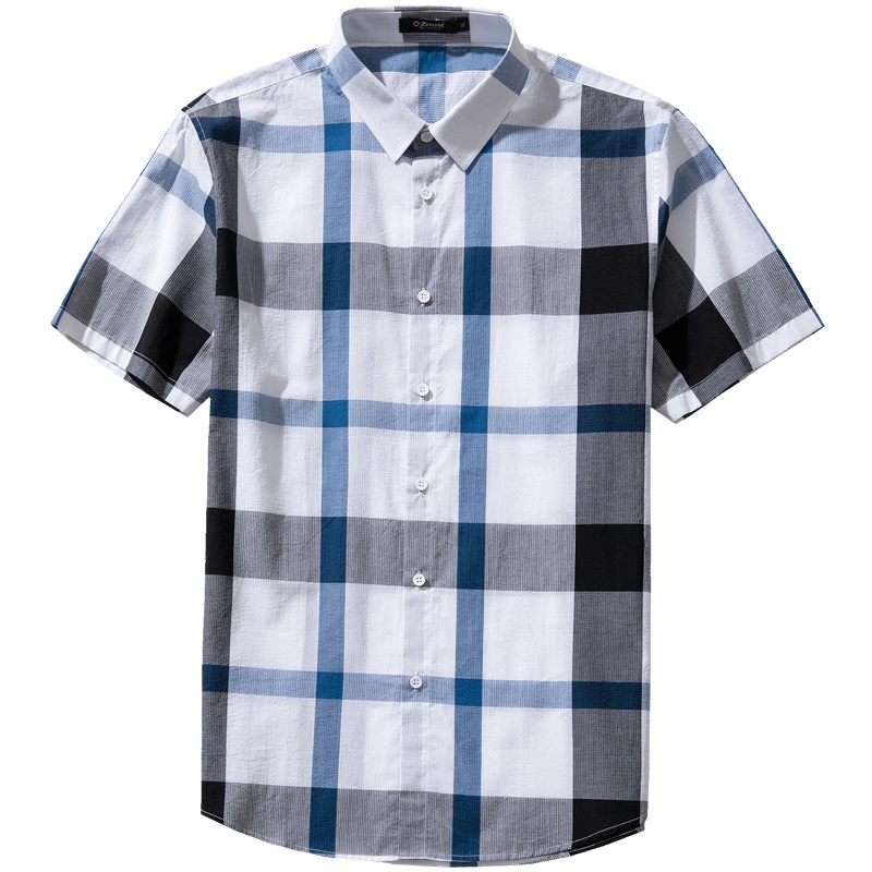 千纸鹤夏季青年格子短袖衬衫男 纯棉方领韩版寸衫衬衣10098