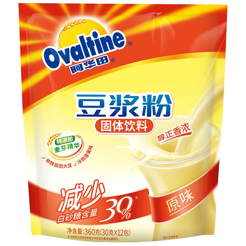 阿华田(Ovaltine)原味少糖30%豆浆风味营养早餐豆浆粉非转基因大豆随身包360g(30g*12包)