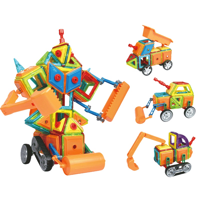 宝宝纯磁力片积木儿童益智玩具男孩魔力磁铁吸铁石强力磁性女散片挖掘机工程车组礼盒装