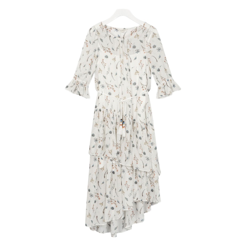 拉夏贝尔拉贝缇夏季女气质雪纺仙女不规则碎花雪纺中长连衣裙 印花混色 S