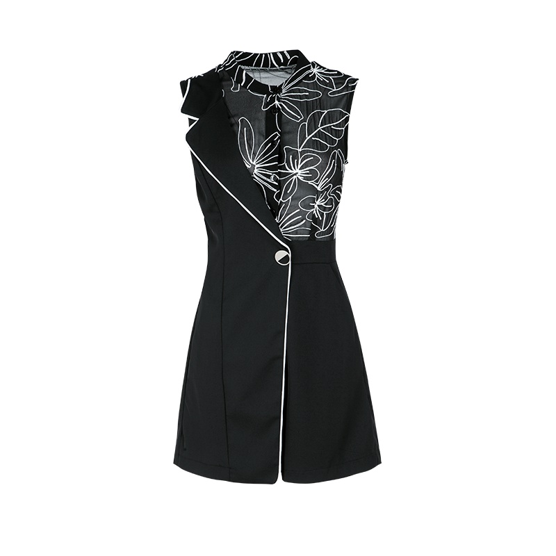 晚白 新品休闲立领无袖印花修身帅气裙裤阔腿短裤连体裤女