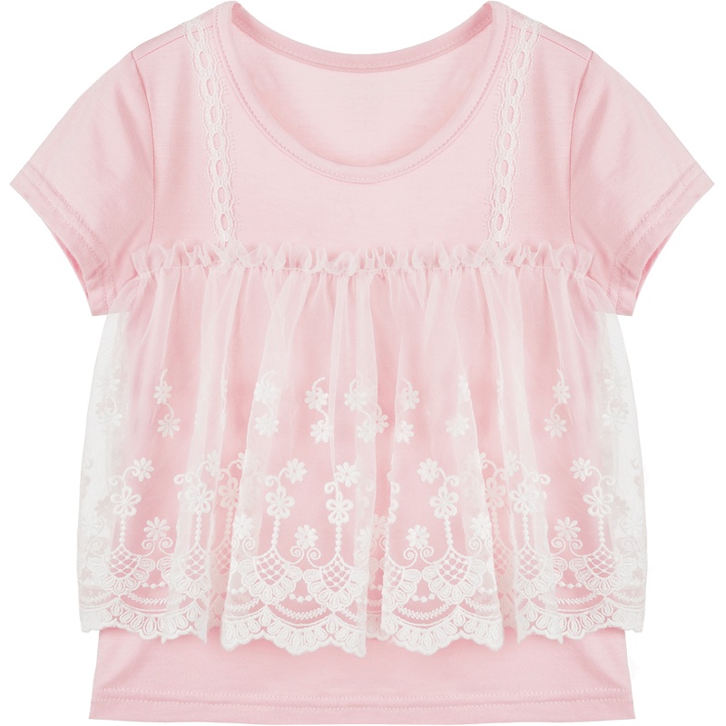 婴姿坊夏季女童圆领短袖T恤 女宝宝轻纱拼接款上衣