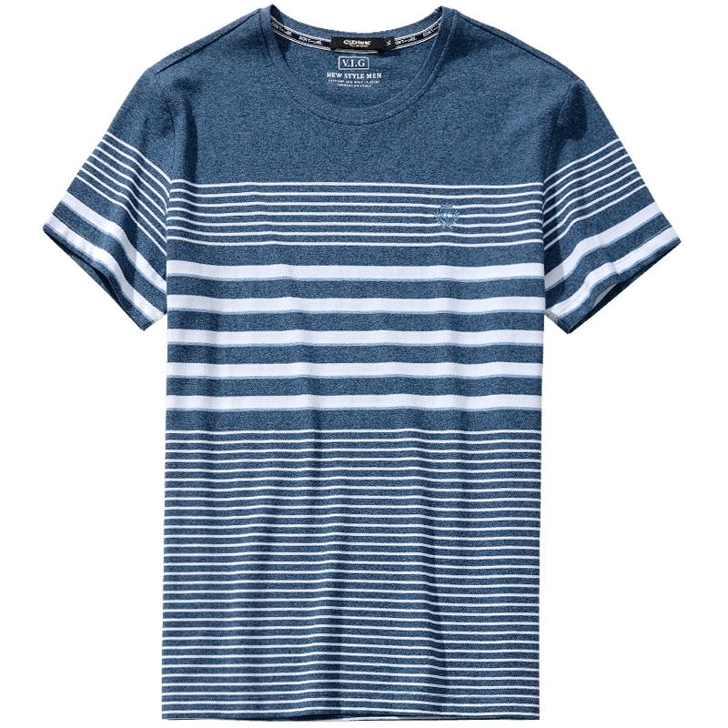 千纸鹤男装上衣男2019春季新款简约时尚圆领条纹纯棉短袖T恤20032