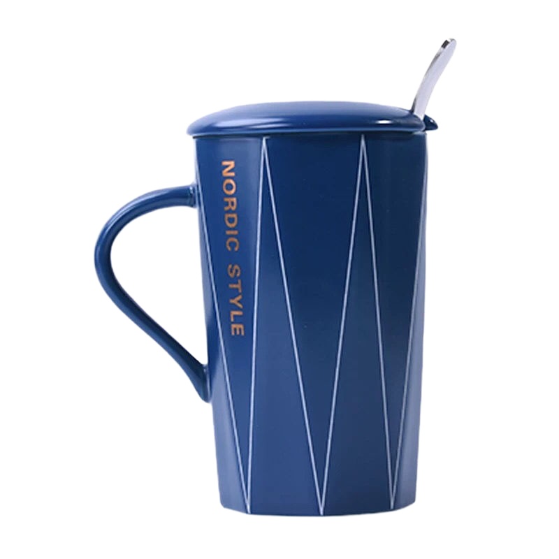 创意陶瓷杯带盖勺简约马克杯大容量家用喝水杯子男女学生韩版水杯 封后 宝蓝款带盖勺