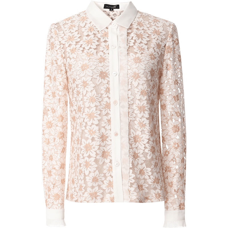 欧昵雪仿真丝拼接雪纺镂空勾花蕾丝衫女长袖衬衫