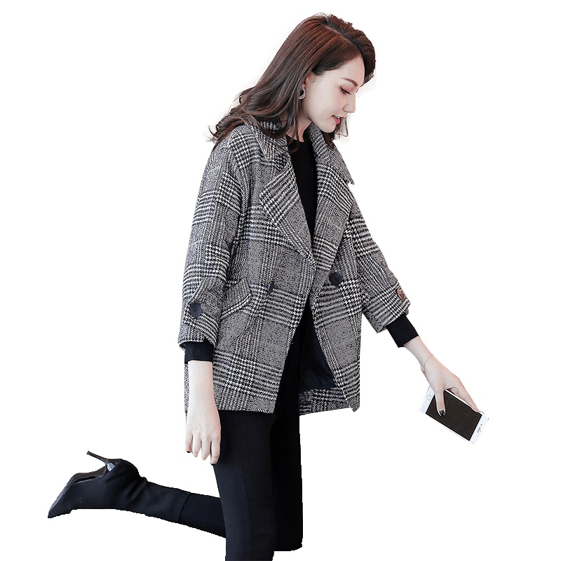 丝柏舍2019冬装女韩版双排扣宽松显瘦气质格子大衣S94B6201D