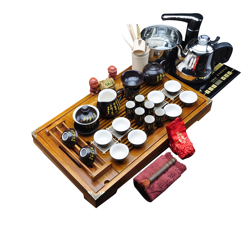 唐宏坊 双龙戏珠茶具套装 整套茶具实木茶盘 一体式电热炉全自动上水 黑诗 整套功夫茶具套装