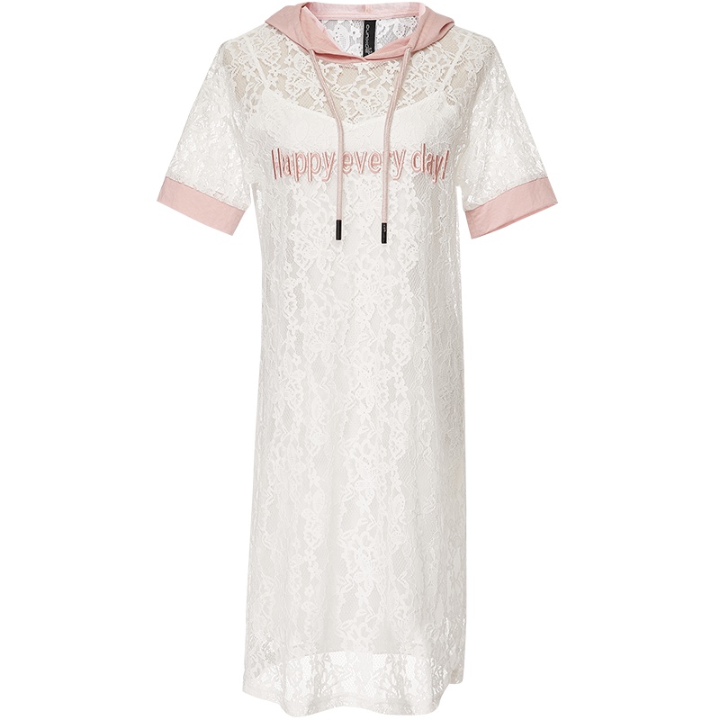 欧昵雪夏季通勤套头连帽字母宽松镂空蕾丝连衣裙女两件套