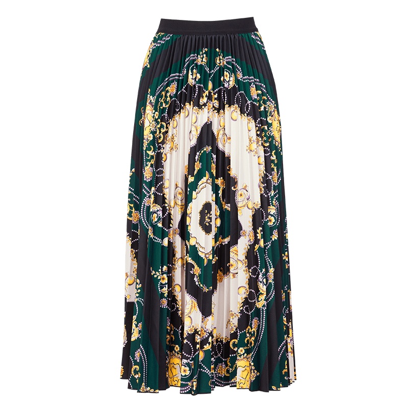 晩白 新品时尚复古百搭松紧高腰印花长款A字百褶半身裙