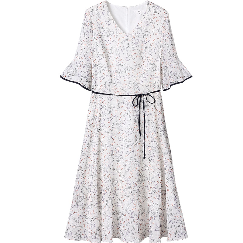 OSA欧莎2019夏装新款女装 小众V领收腰荷叶袖中长款碎花连衣裙