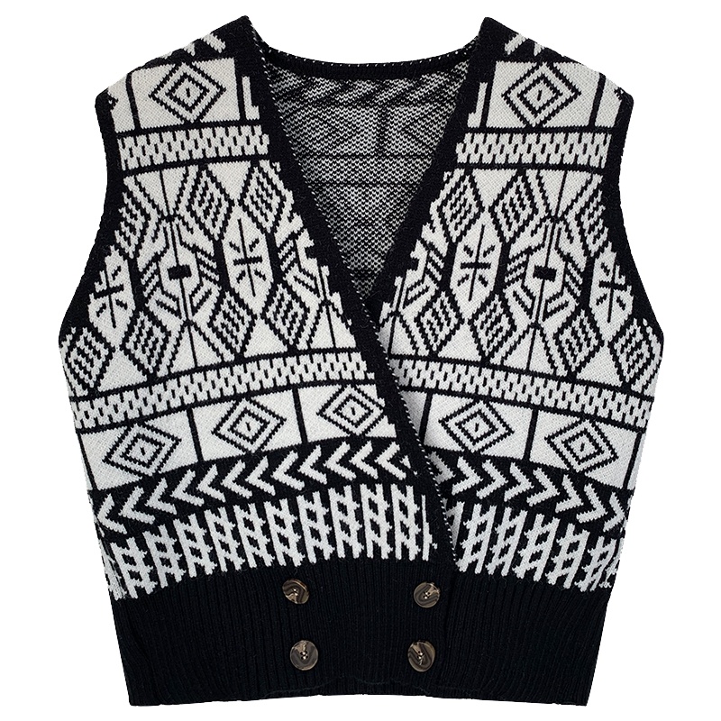 雅馨季复古v领马甲毛衣开衫外套女针织衫秋冬2021新款宽松短款外搭坎肩1052