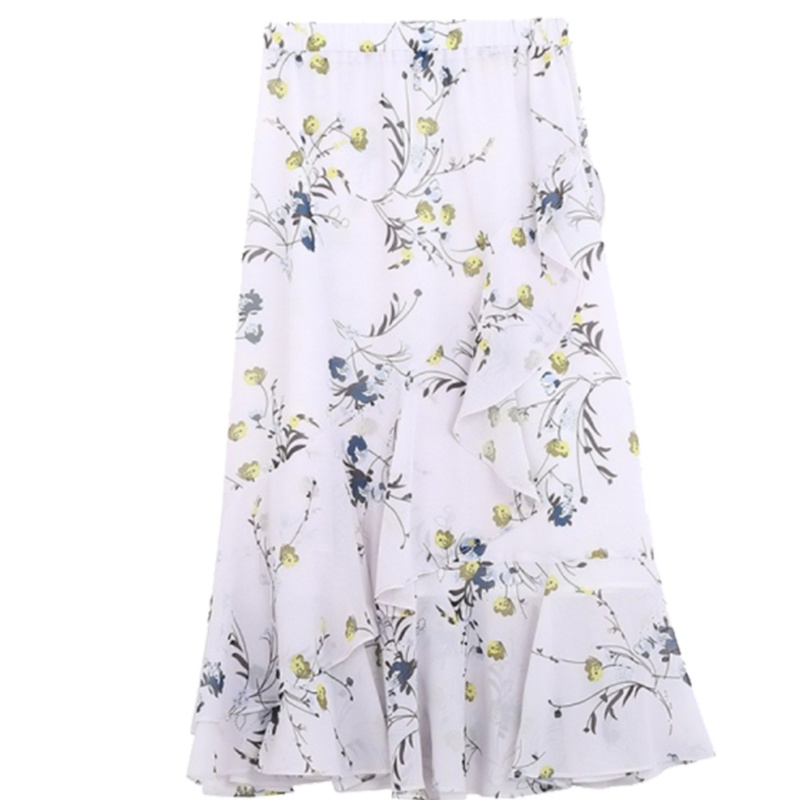 【专柜同款】拉夏贝尔新款女夏高腰雪纺碎花连衣裙荷叶边百褶裙中长裙10020721