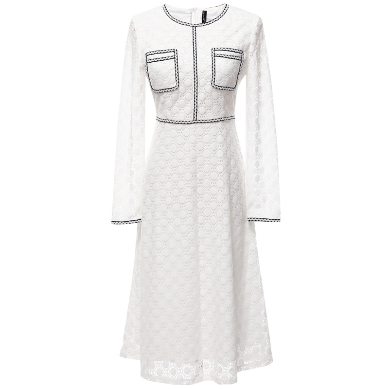 欧昵雪绣花口袋装饰小香风高腰修身蕾丝连衣裙女长袖