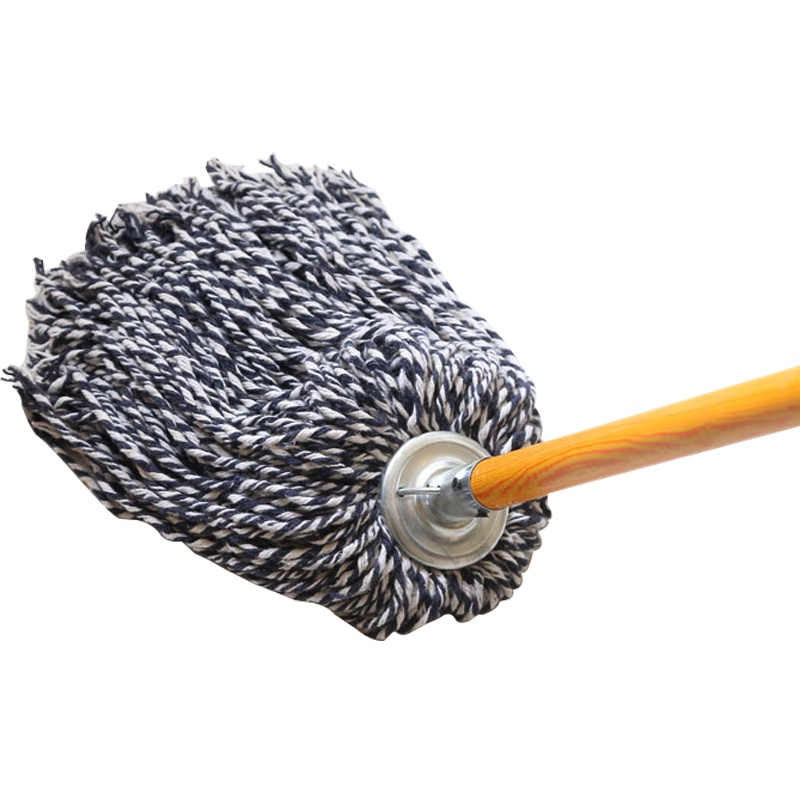 海斯迪克 HKW-37 木杆拖把 棉线老式墩布尘推拖布 工厂物业吸水拖把纯棉(5把) 蓝白圆头加固木杆