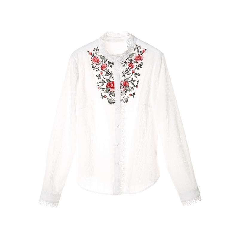 裂帛长袖衬衫新款花边领拼接文艺百搭打底白色绣花衬衣