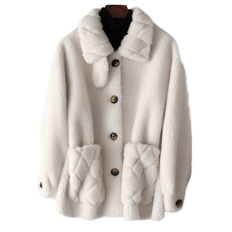 女款休闲宽松款方领单排扣大颗粒羊毛皮草外套