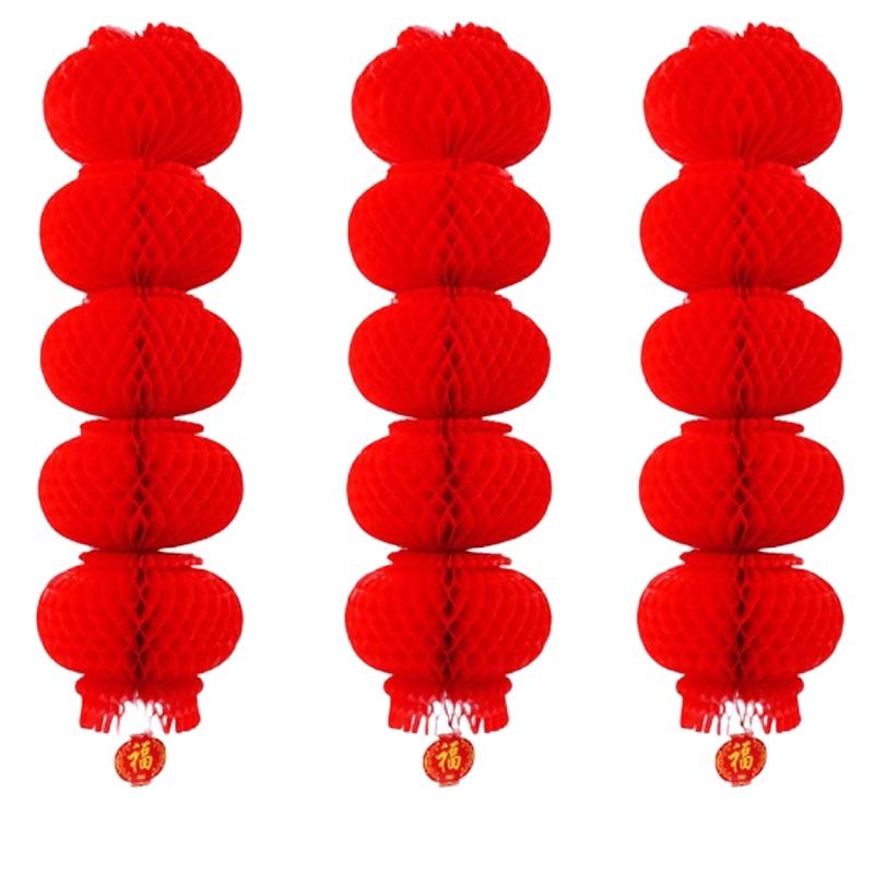大红塑料纸灯笼 连串蜂窝式灯笼30# 春节元旦节日户外景区装饰灯笼 5个一串直径 28CM总长698CM 2对起卖