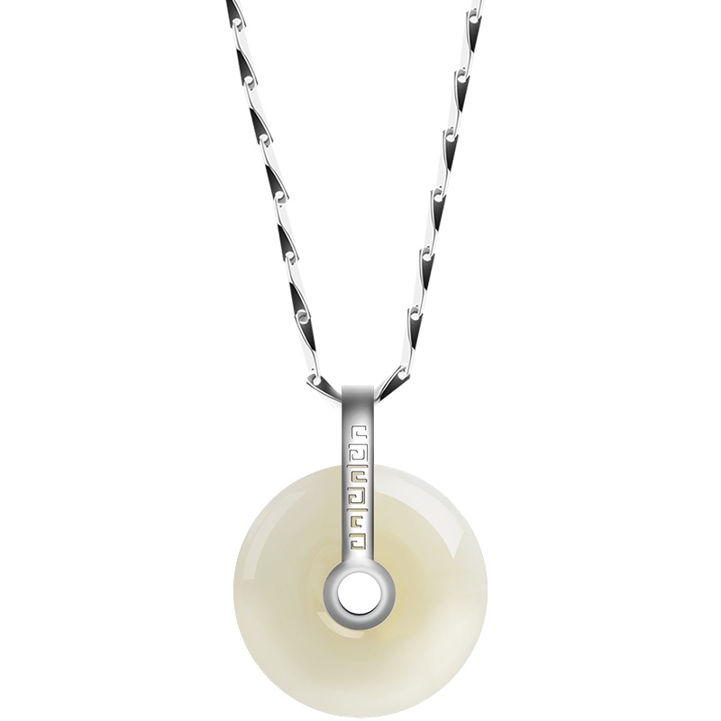 石头记圆缘和田玉坠女平安扣坠银锁骨项链