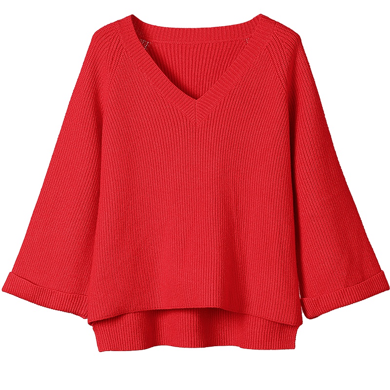 OSA欧莎2019春装红V领长袖宽松慵懒风红色毛衣针织衫女