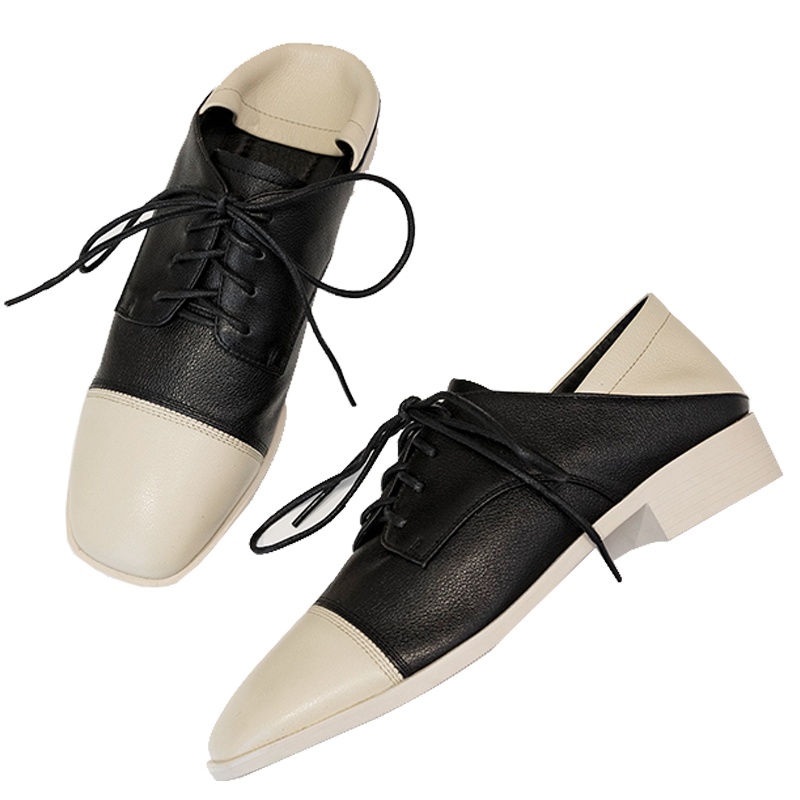 2020春季新品方头单鞋女韩版时尚百搭真皮拼色粗跟方头两穿单鞋女