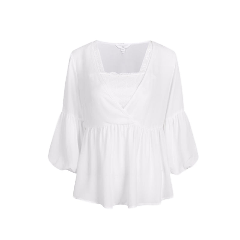 拉夏贝尔7M莫丽菲尔衬衫女学生韩版宽松夏新款雪纺七分袖百褶显瘦白衬衫女70008052