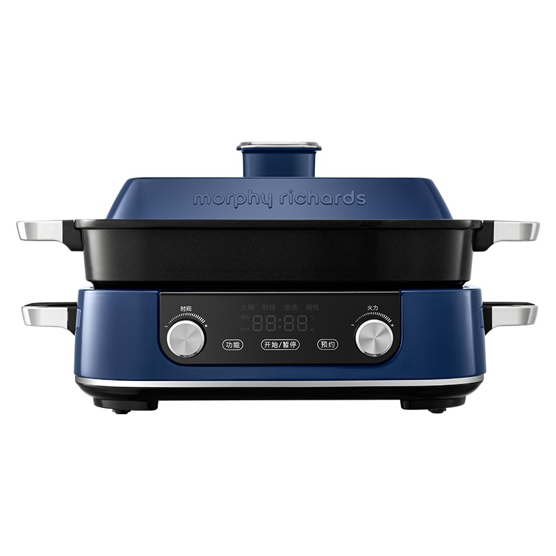 摩飞多功能锅二代分体电火锅家用烤肉涮煎蒸煮电热锅大容量升级触屏预约调时网红料理锅MR9099 轻奢蓝(全盘)