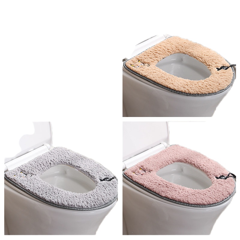 马桶坐垫子毛绒秋冬季粘贴式家用坐便器盖套罩通用防水拉链款垫圈 封后 3个装(驼色+灰色+玫红色)马桶贴