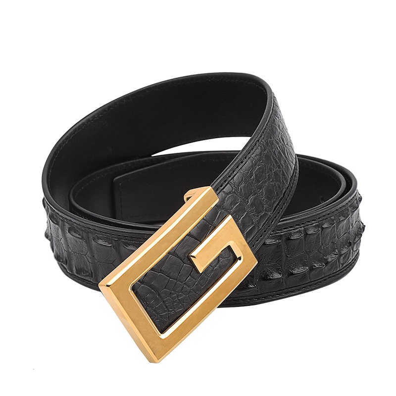 鳄鱼皮男士皮带男式皮带鳄鱼皮板扣男士裤带男式裤带鳄鱼皮男士裤腰带鳄鱼皮男式裤腰带PD181231-1J金色