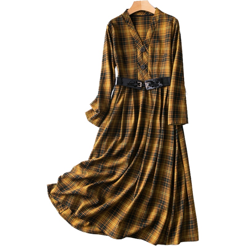 恒源祥2020春季新款连衣裙女复古英伦风格子裙收腰中长裙子送腰带